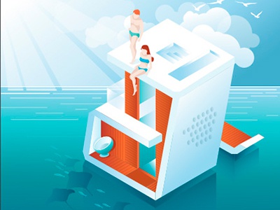 Isometric Illustration rest summertime villa on water dubai vector art.jpg