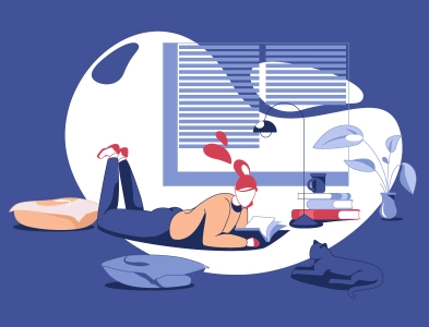 Reading girl vector illustration relaxed window plant evening night la.webp