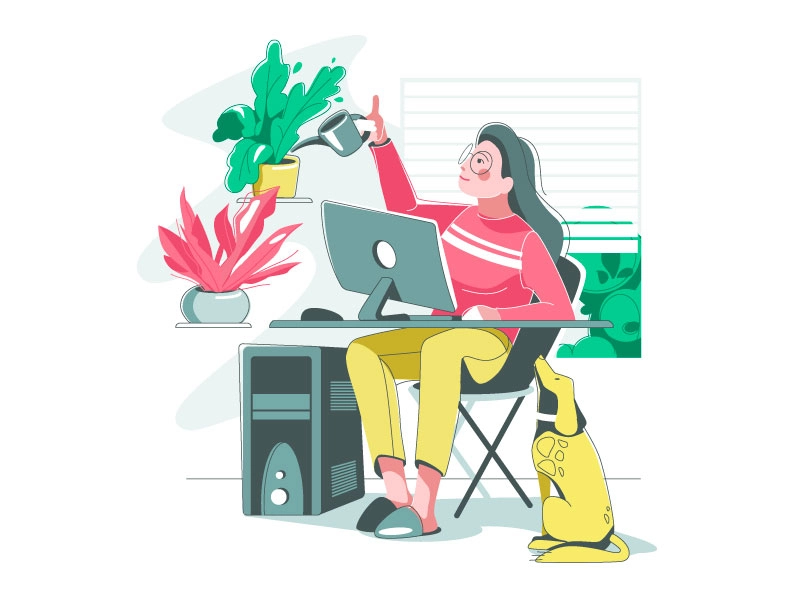 Work from home character woman girl dog pet room comfortable sweethome.webp