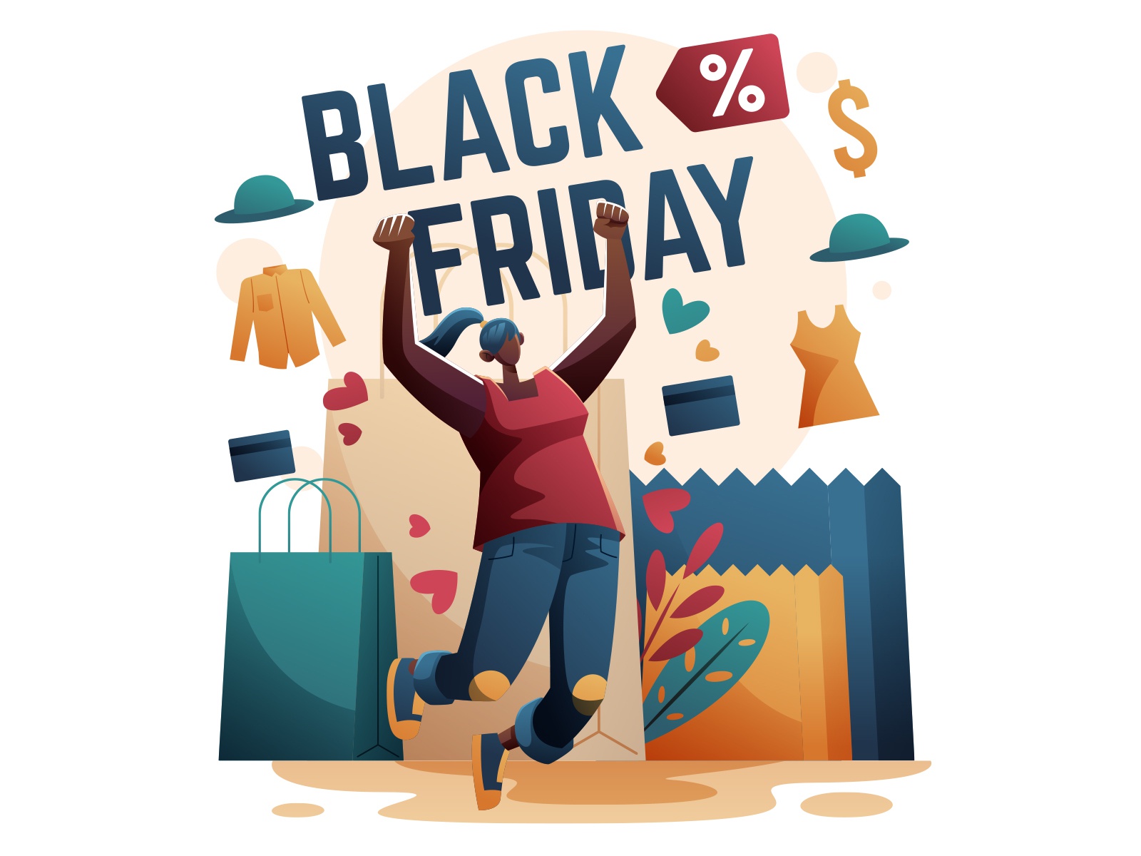 Woman Happily Jumping Shopping In Black Friday cartooning cartoon char.jpg