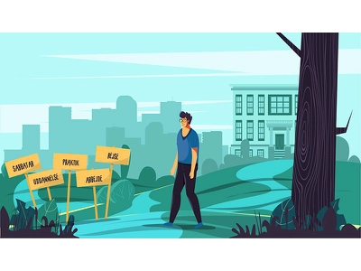 Choice choice city building flowers tree illustration design character.webp
