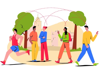 City Walk vector colors happy characters face tree flowers plants draw.webp