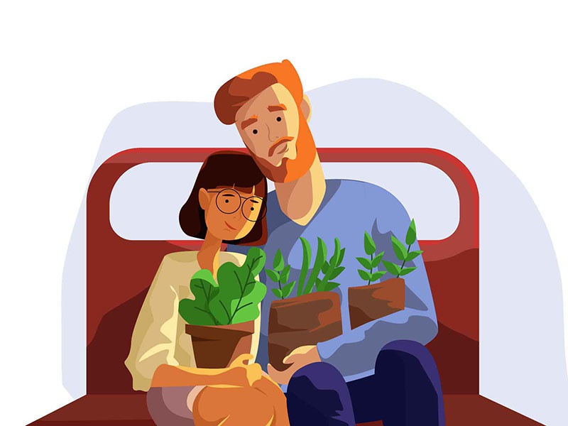 Honey couple with pot of flowers in train love couple train man plant.jpg