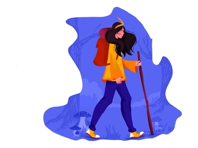 Hike fun happy holiday walk hike vector hair tree flowers plants girl.webp