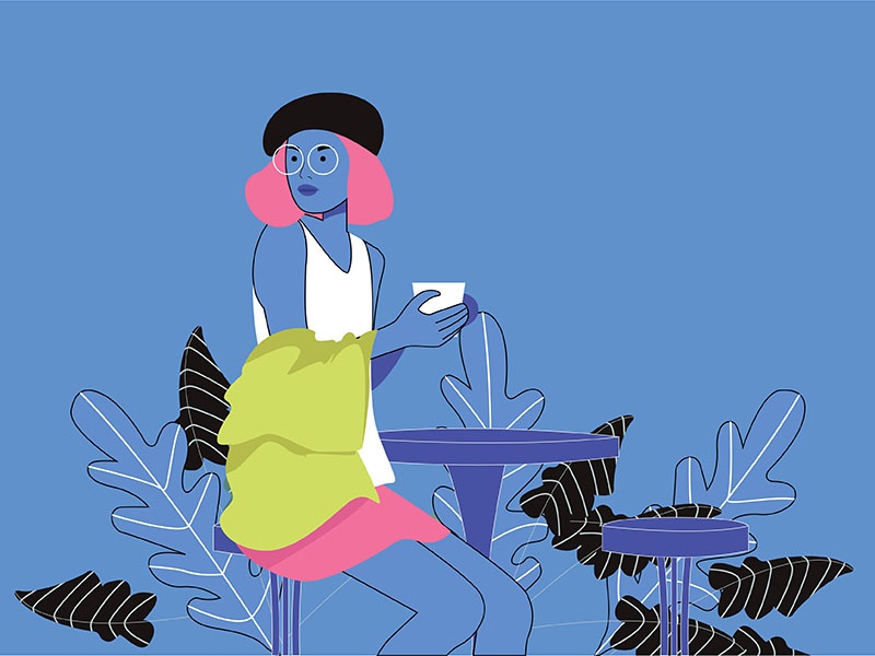 In the cafe cafe illustration design light watch face sit flower woman.jpg