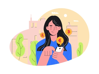 Onboarding Illustration click coin phone hair characters tree flowers.webp