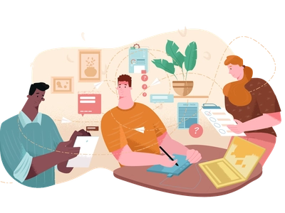 Teamwork happy vector colors characters hair face flowers plants draw.webp