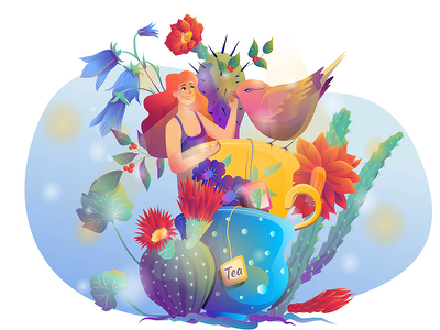 Tea Time-2 drink tea teatime cup bird colors characters happy face hai.webp