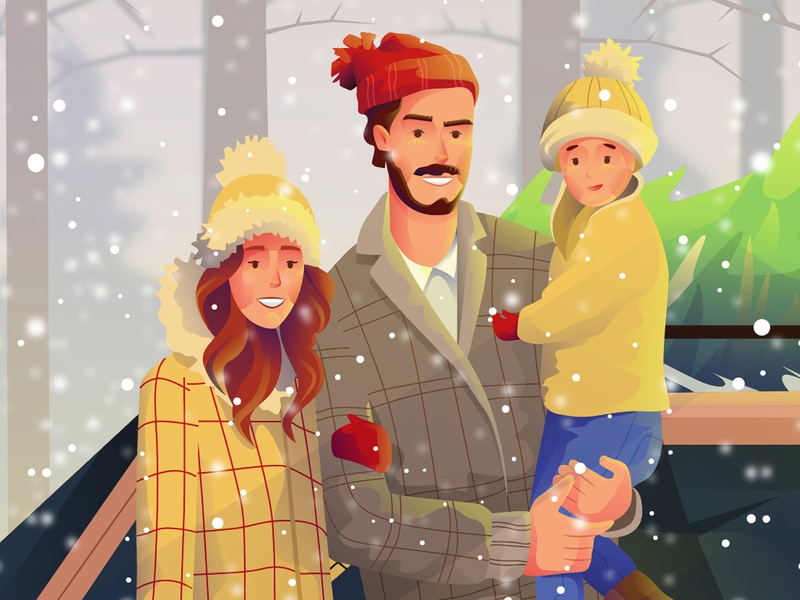 The family  family snow day snow winter party flat character illustrat.jpg