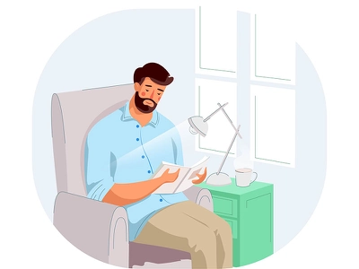 The Intellectual window lamp read book sit men illustration design cha.webp