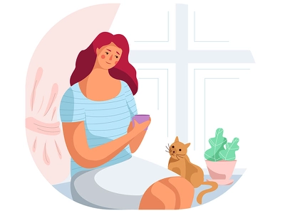 The Thoughtful window flowers tea cat women illustration design charac.webp