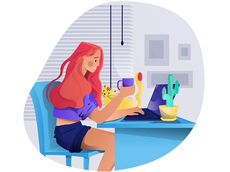 With a cup of tea hair red laptop time work cat the illustration desig.jpg