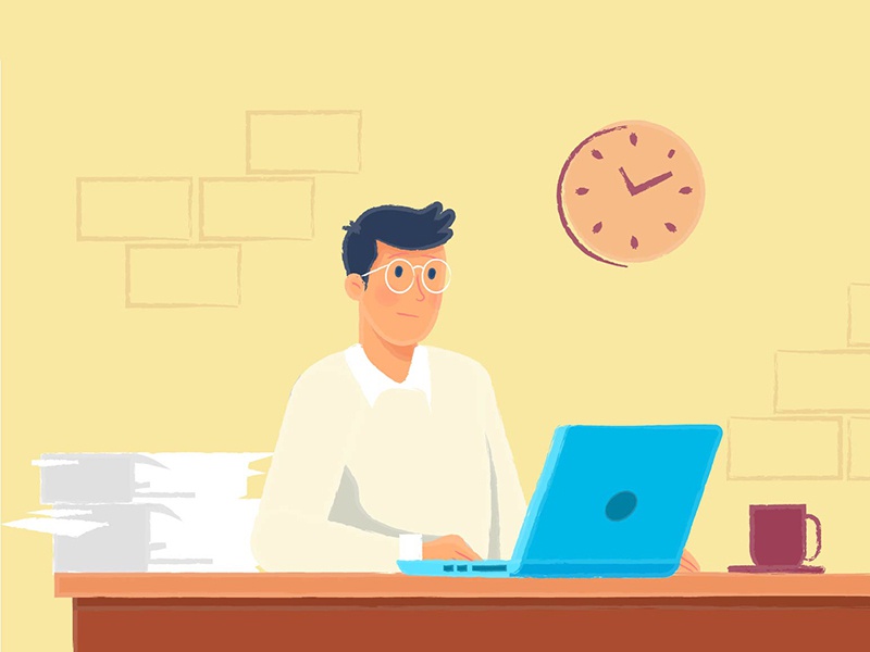 Work time clock papers tea laptop time work office illustration design.jpg