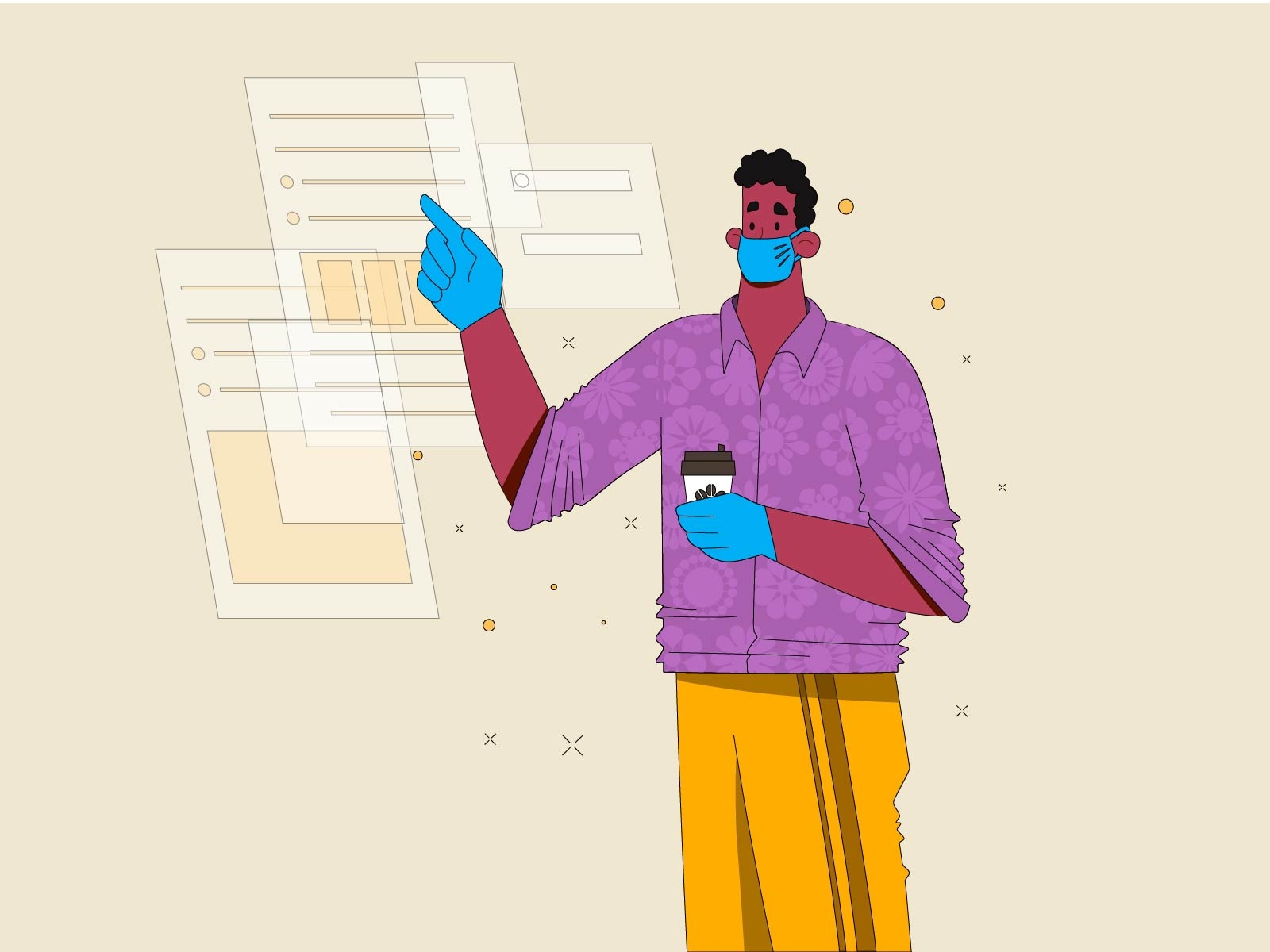 Working time mask work in progress work online drink coffee vector man.jpg