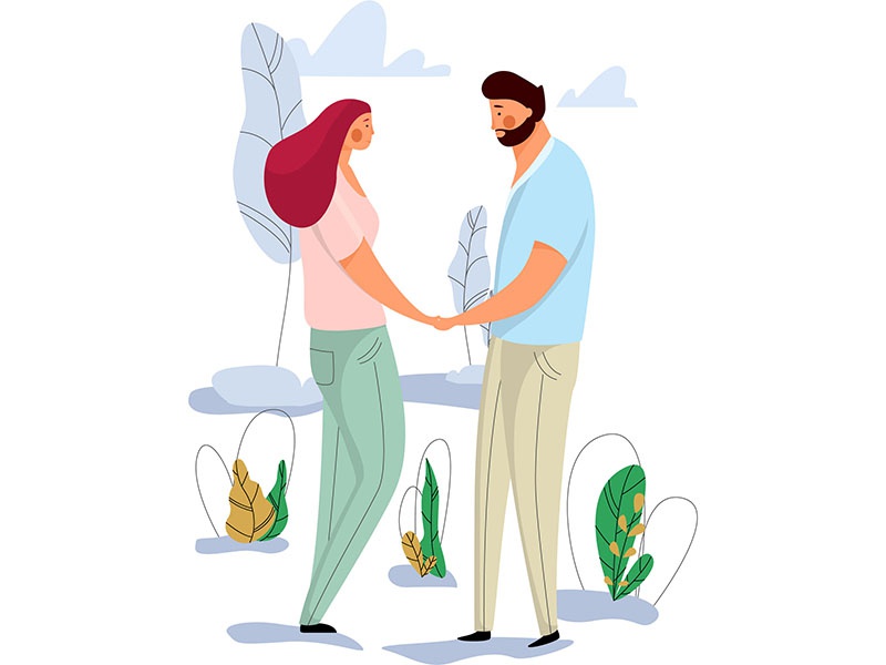 Young Couple Meet tree flowers plants park woman man draw design flat.jpg