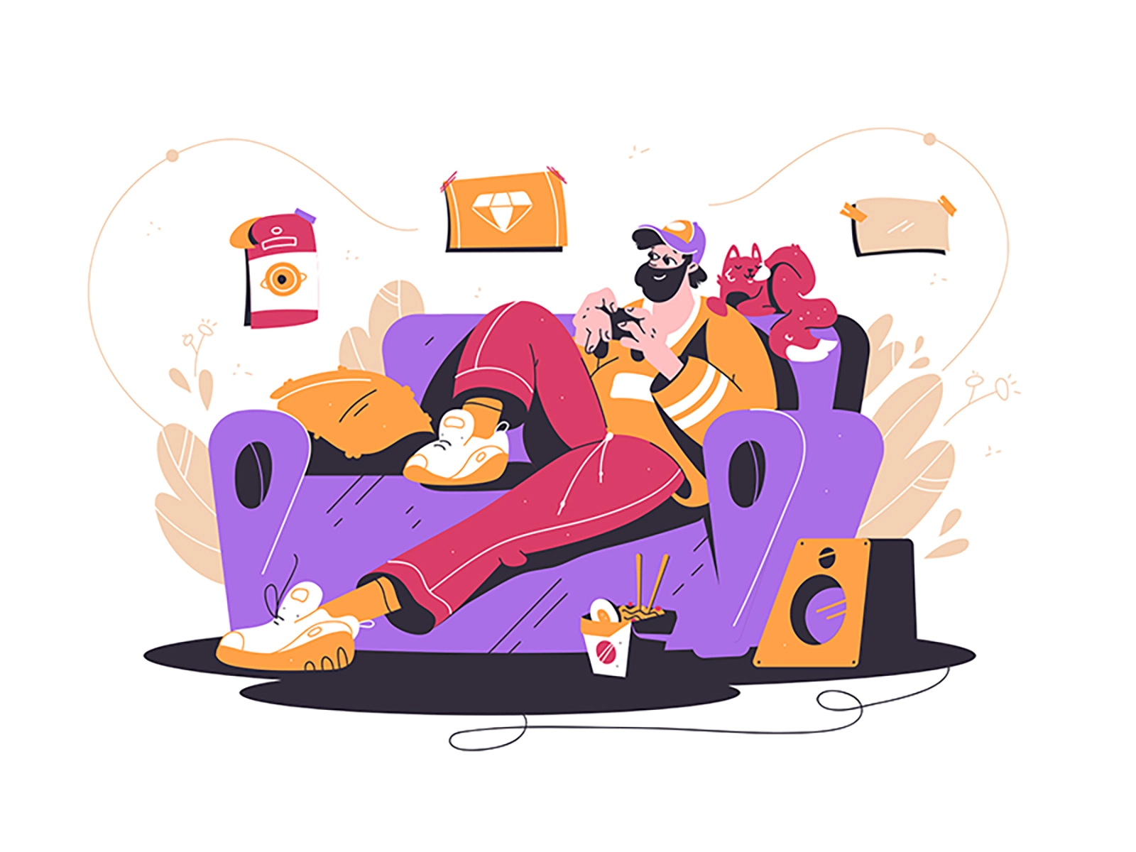 Man playing in video game at sofa with cat play device food action con.webp