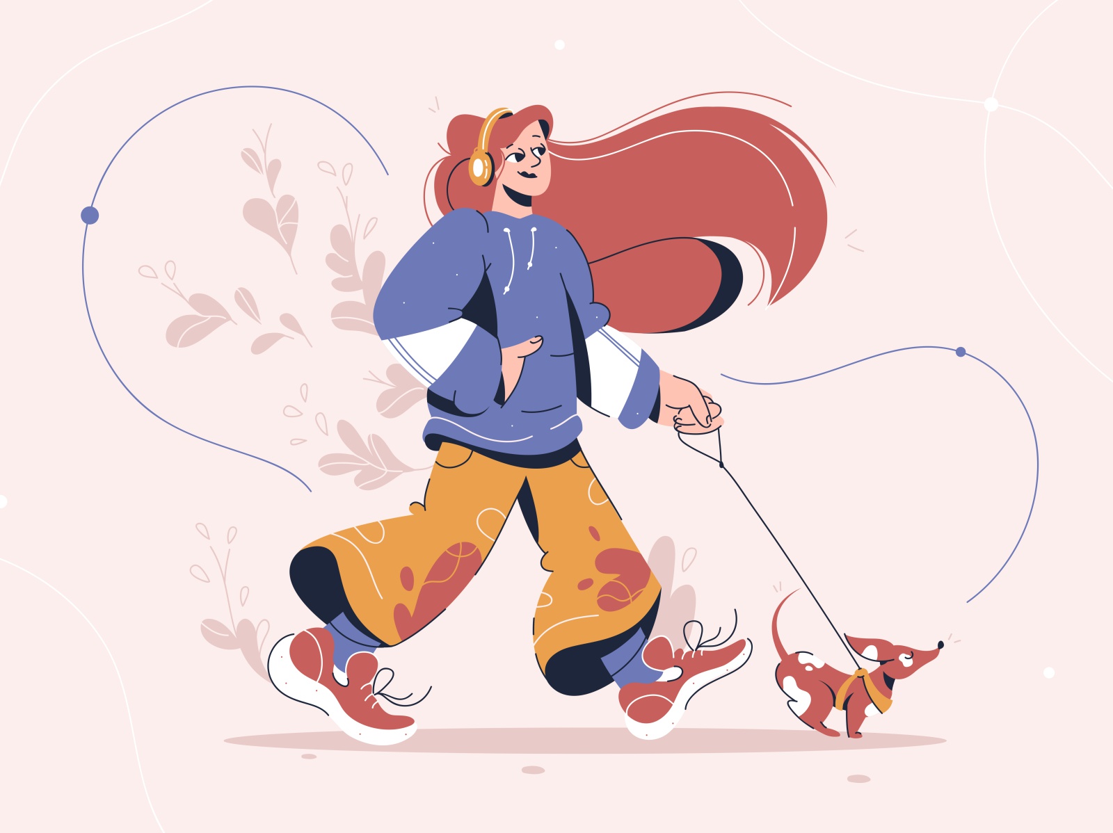 Girl walking music leash concept outside vector woman walking girl dog.jpg