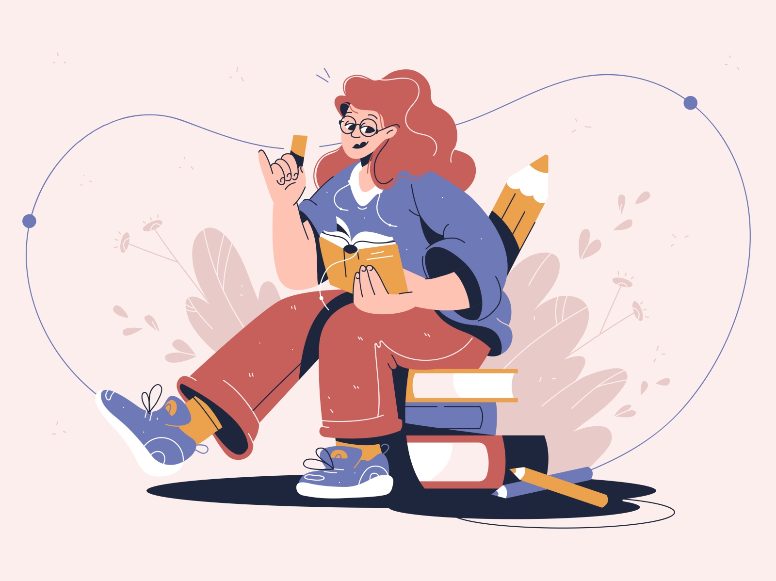 Reading magazine newspaper glasses woman design pencil female books re.webp