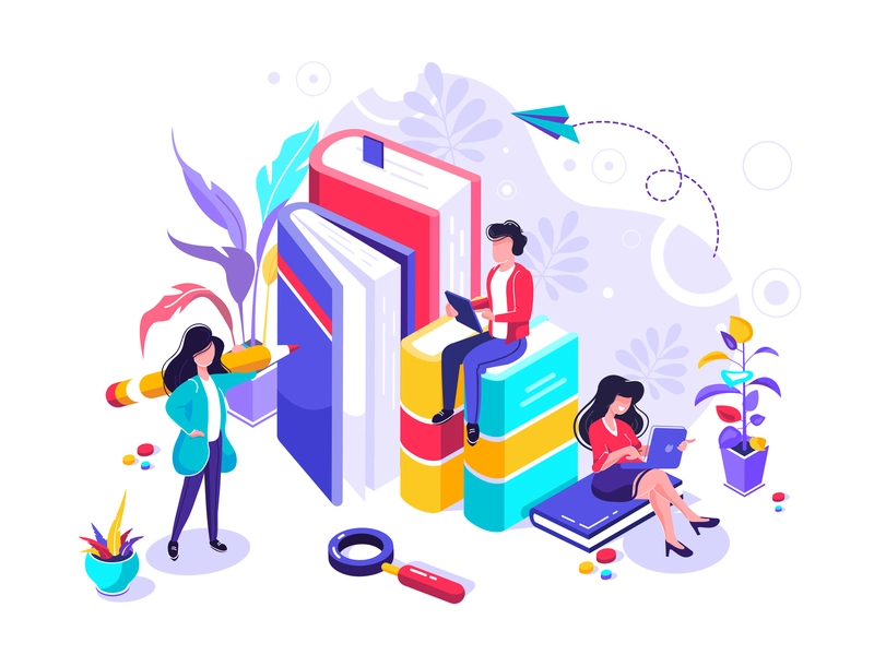 Education character isometric tutorial book design digital internet kn.webp