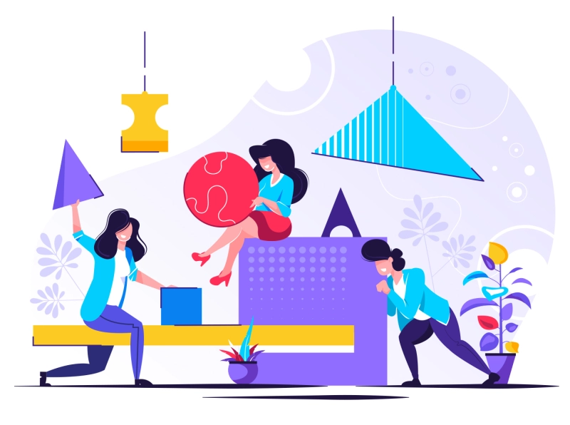 Team assembling an abstract geometric puzzle branding analitycs progre.webp