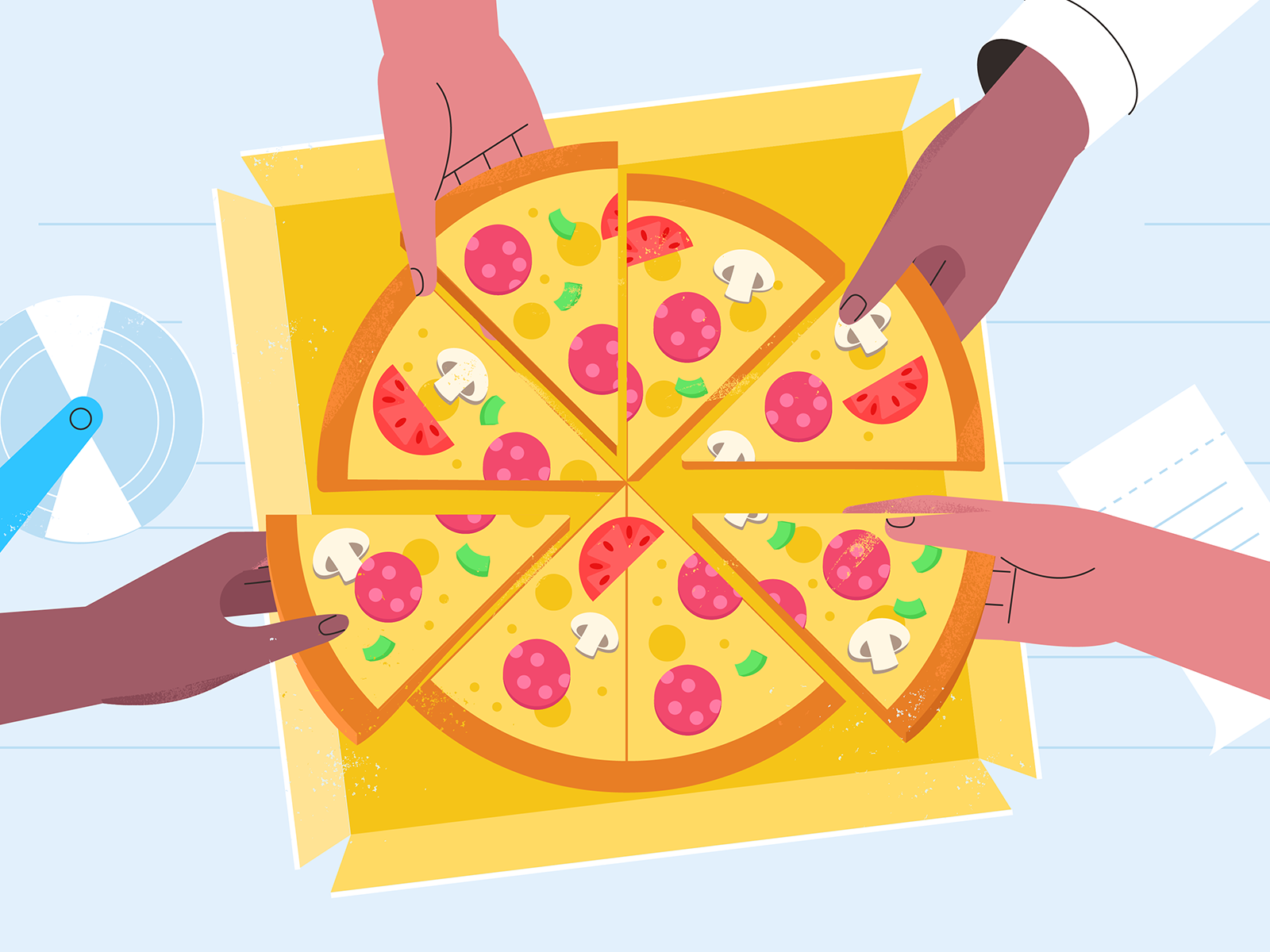 Friends party food pizza hand girl design texture characters shape vec.png