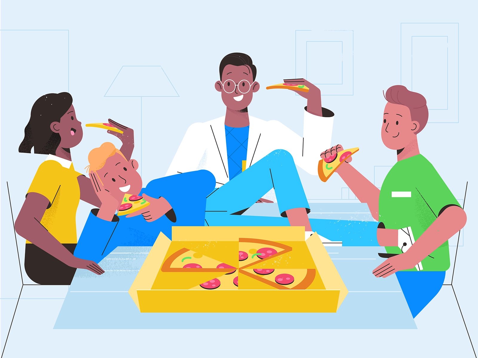 Pizza time! girl texture characters shape vector flat 2d illustration.webp
