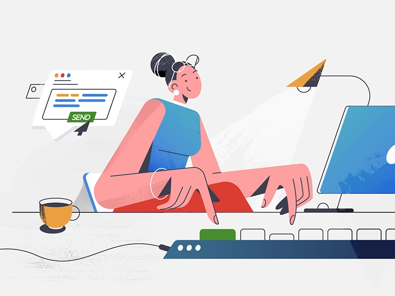 Hard worker app office room ui design girl explainer texture character.webp