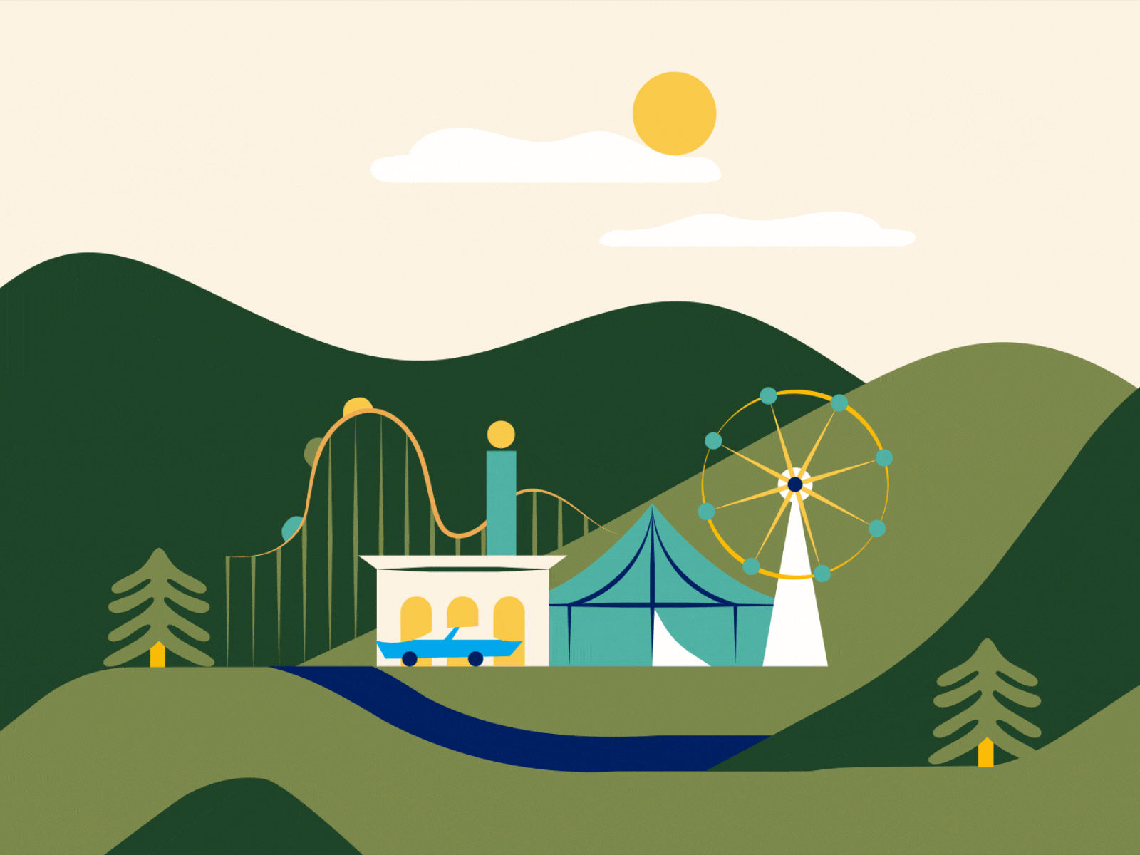 Luna park  tree hill transition shapes game party 2d funfair luna park.gif