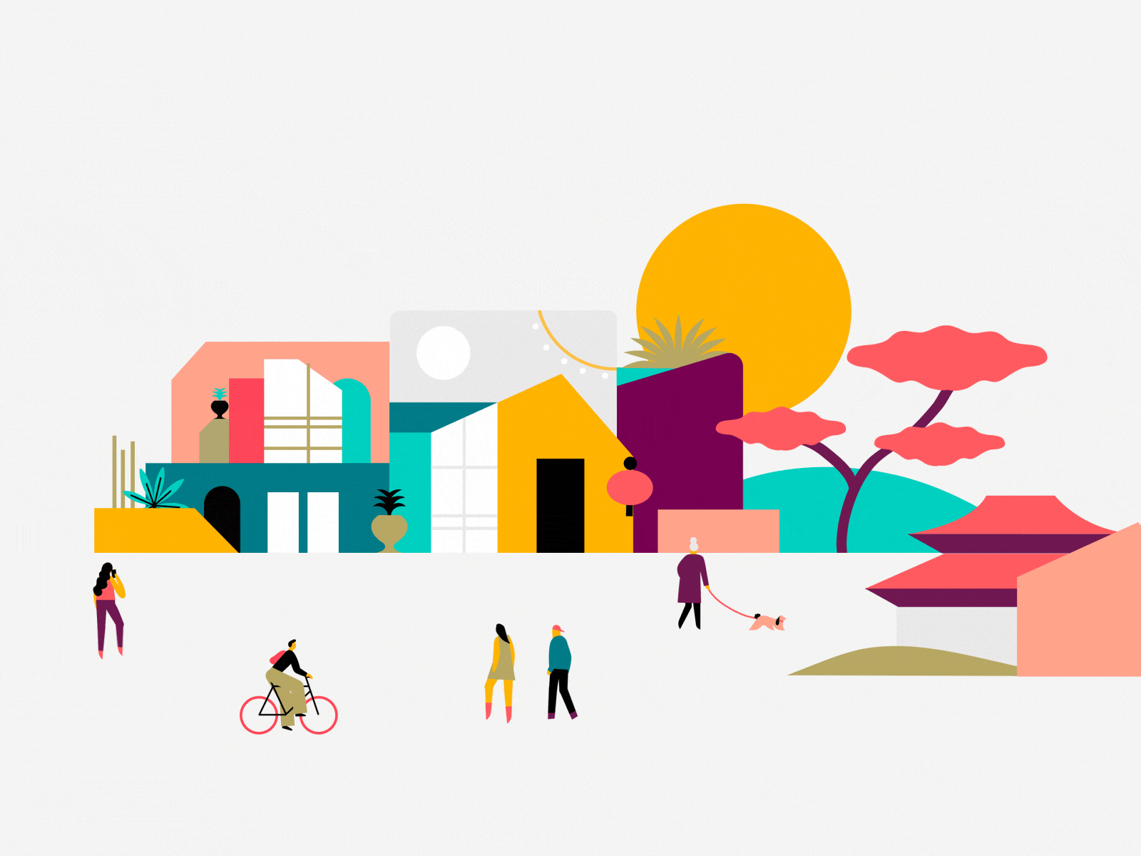 Community traveling airbnb contrast color motion 2d bycicle walkcycle.gif