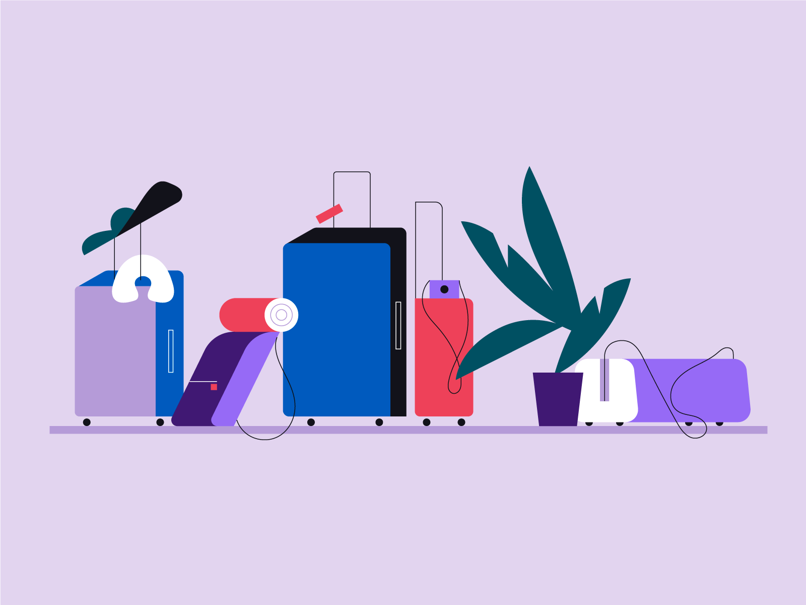 Waiting for a travel plants suitcases travel color vector illustration.png