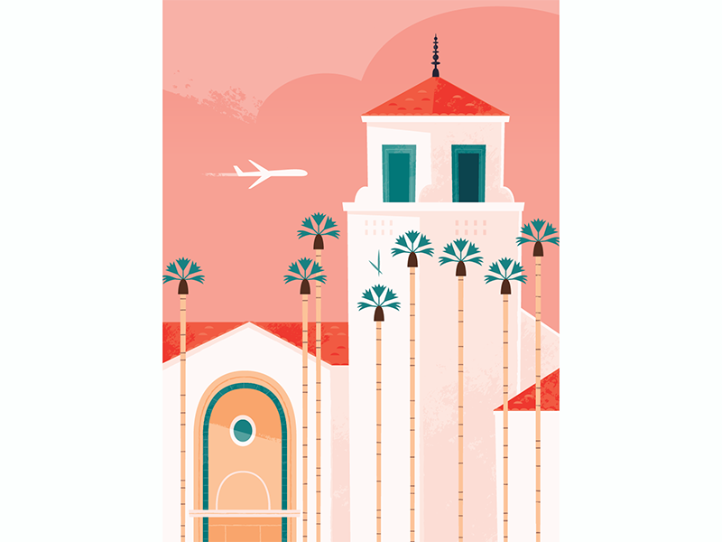 Union Station vector illustration travel poster retro pink train stati.png