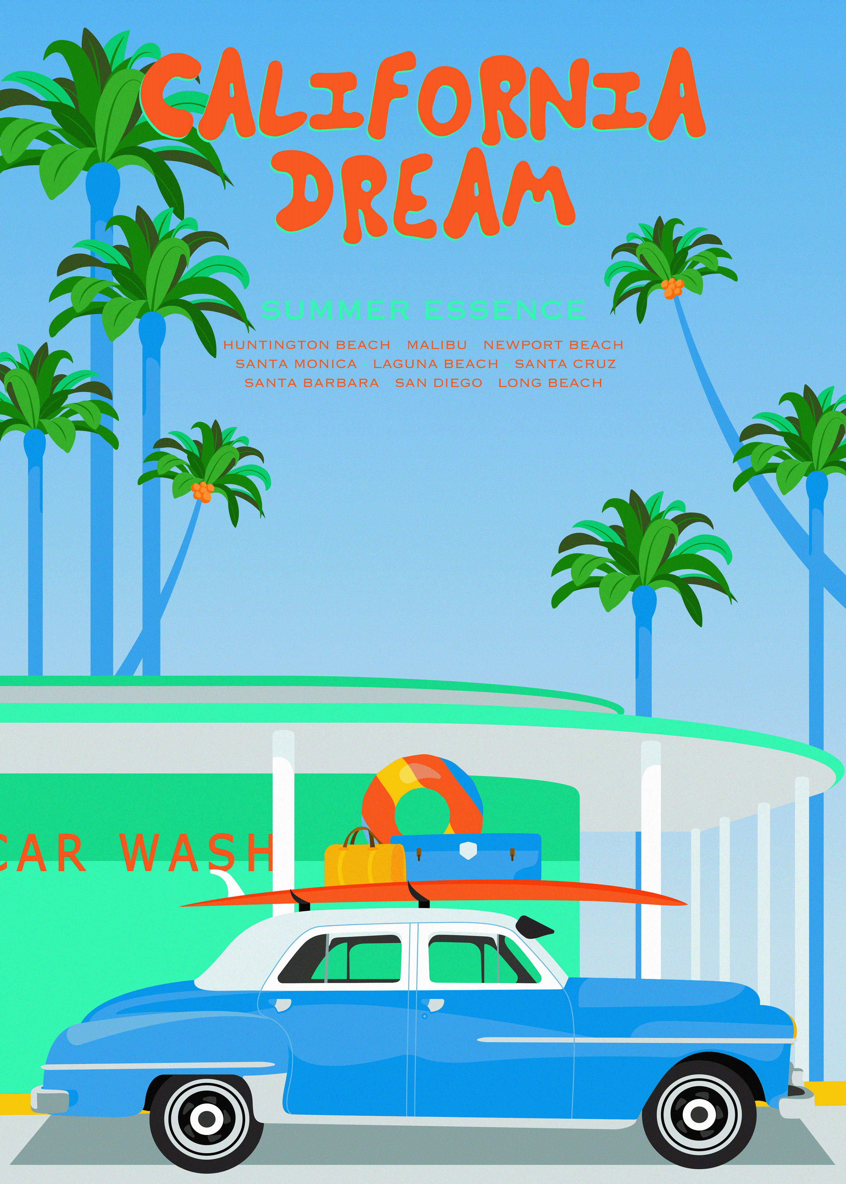 California car city colorful poster summer vector adobe illustrator digital illustration