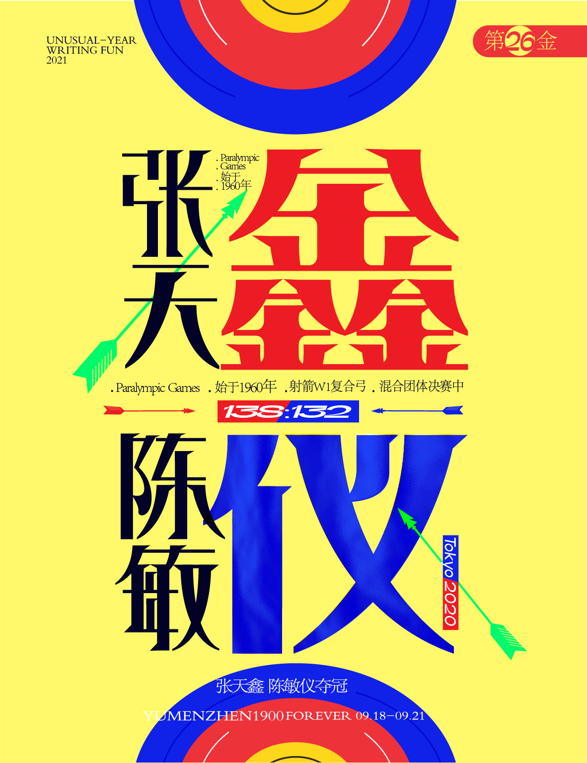 第二十六金：<br>射箭W1复合弓混合团体决赛中，<br>张天鑫、陈敏仪，<br>以总比分138：132 夺冠。