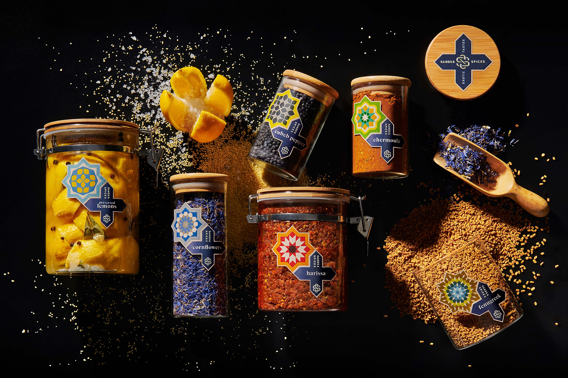 Harcus harcus design label design moroccan spices Morocco Packaging packaging design sands & spices spices tiles