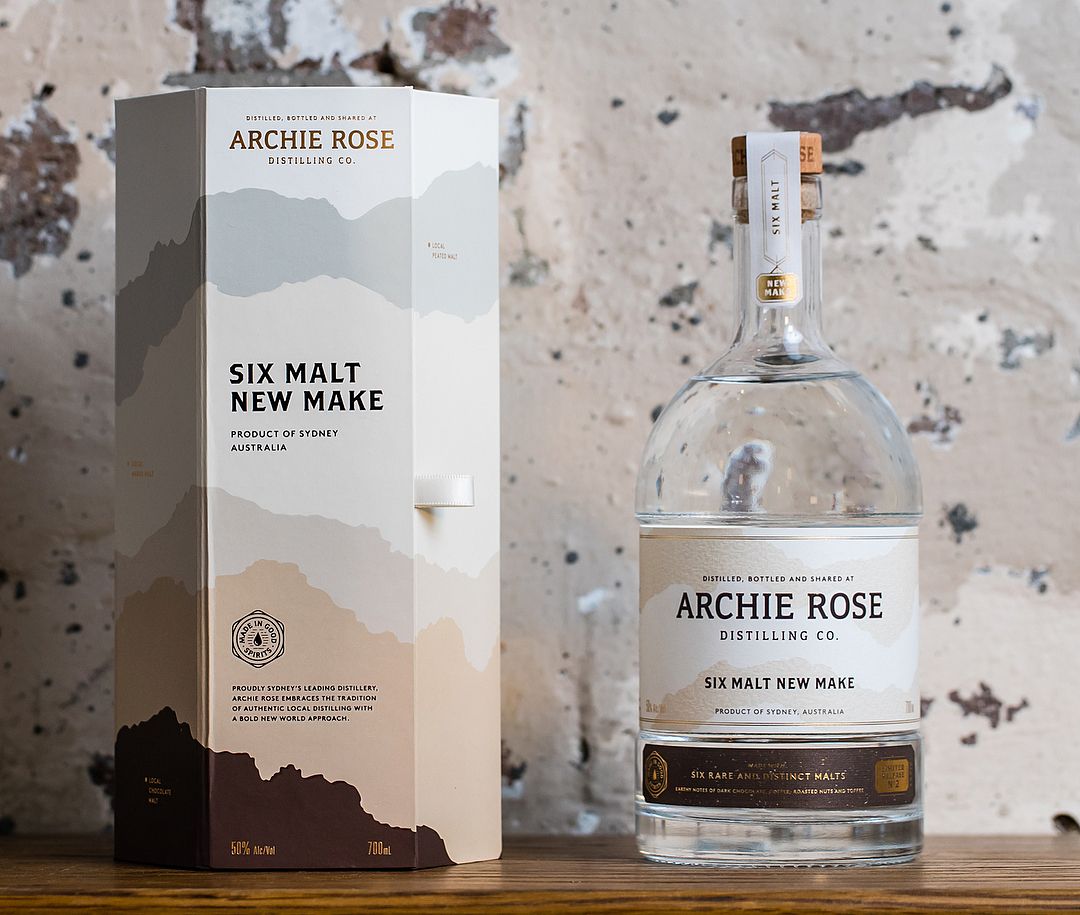 Praise the whisky gods!! @archierosesyd Six Malt New Make has landed! Packaging design by Squad Ink.\\nThis limited release spirit is the first glimpse of how Archie Rose’s Single Malt Whisky starts it’s life - raw, unaged and with notes of dark chocolate, coffee, roasted nuts and toffee. We’re bringing in the weekend the only way we know how. Salute!