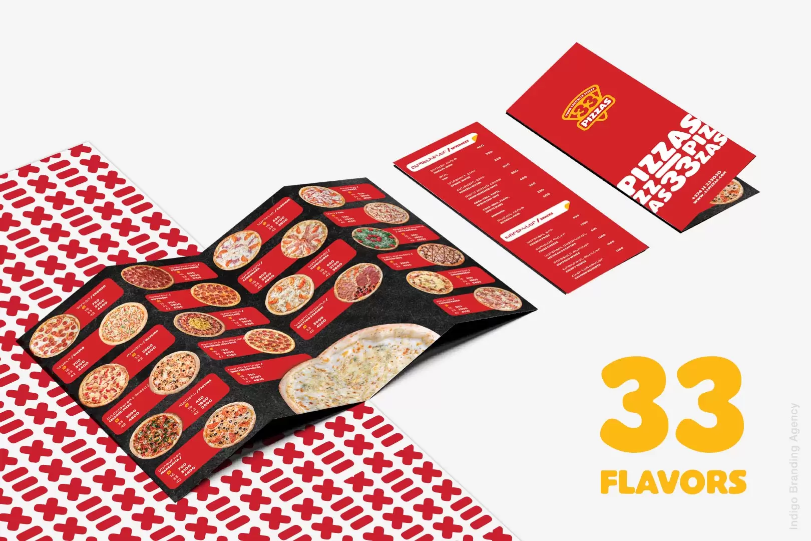 33 pizzas packaging for order delivery branded by indigo Branding
