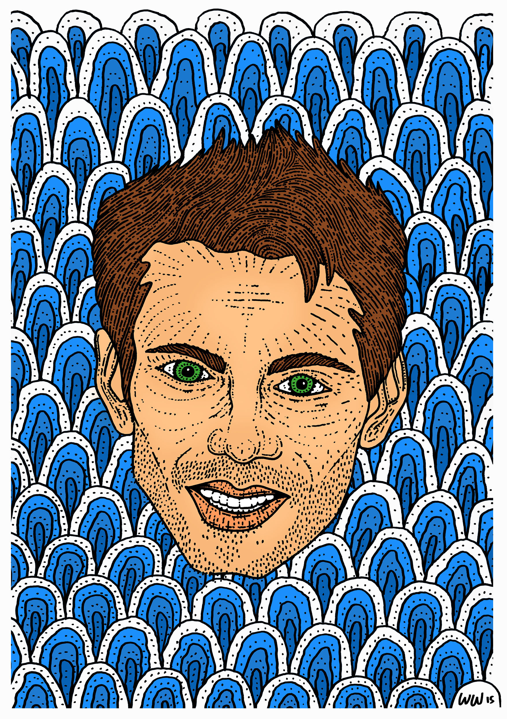 face portrait caricature   Pointillism linework pen ink colour