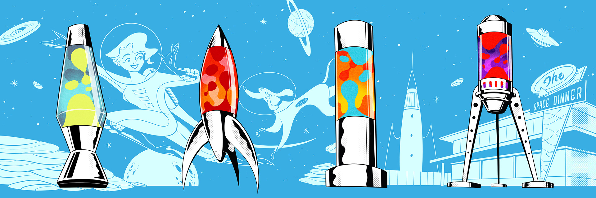 Retro universe galaxy planet astronaut nasa cartoon Lamp light lavalamps