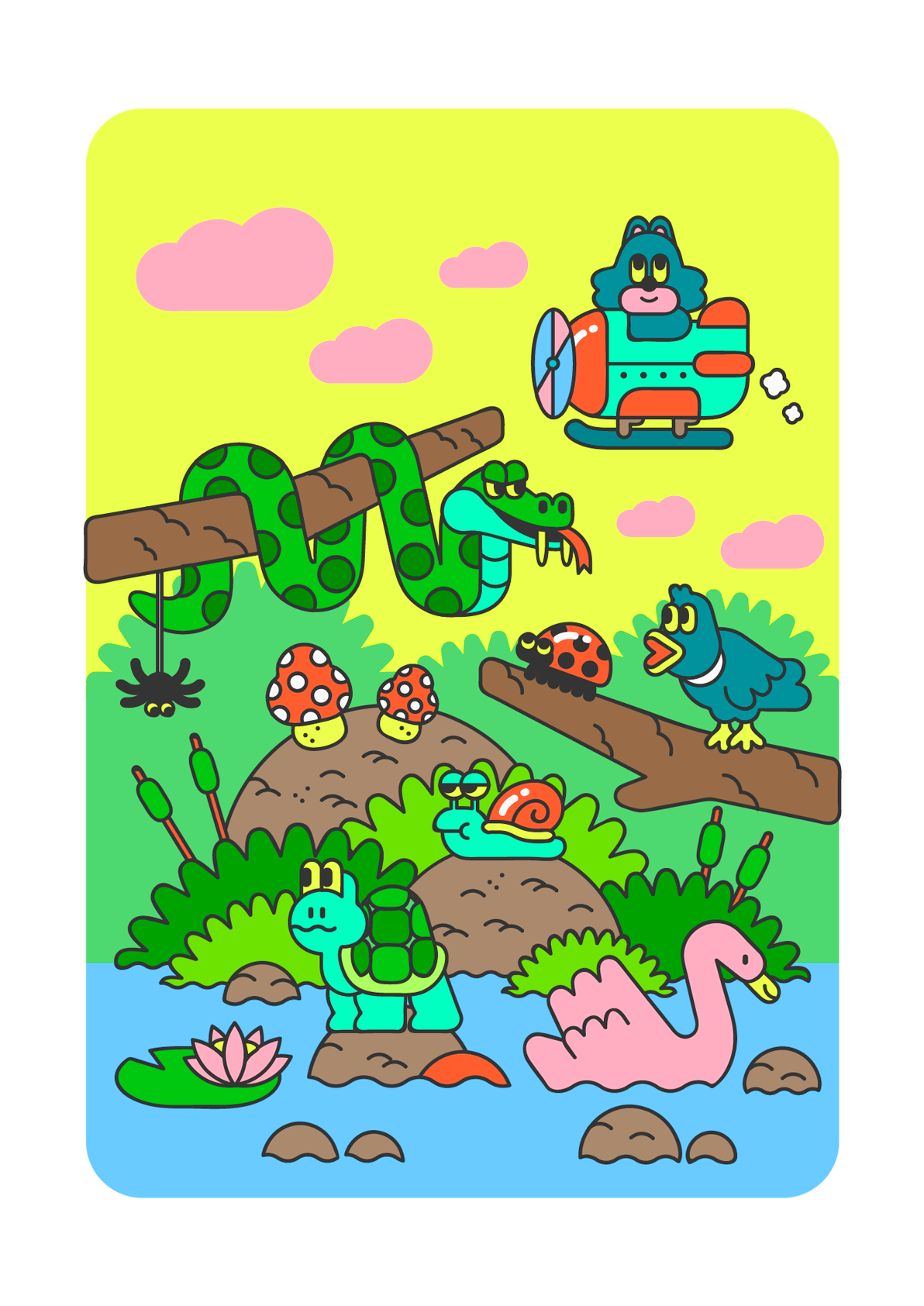 river line bold colorful snake snail Turtle swan plane beetle
