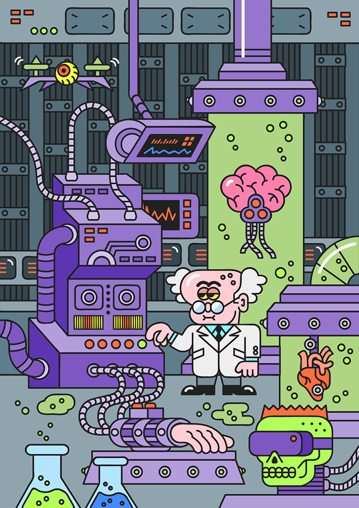 transhumanist Mad Scientist Computer chemist skull drone acid machine testtube