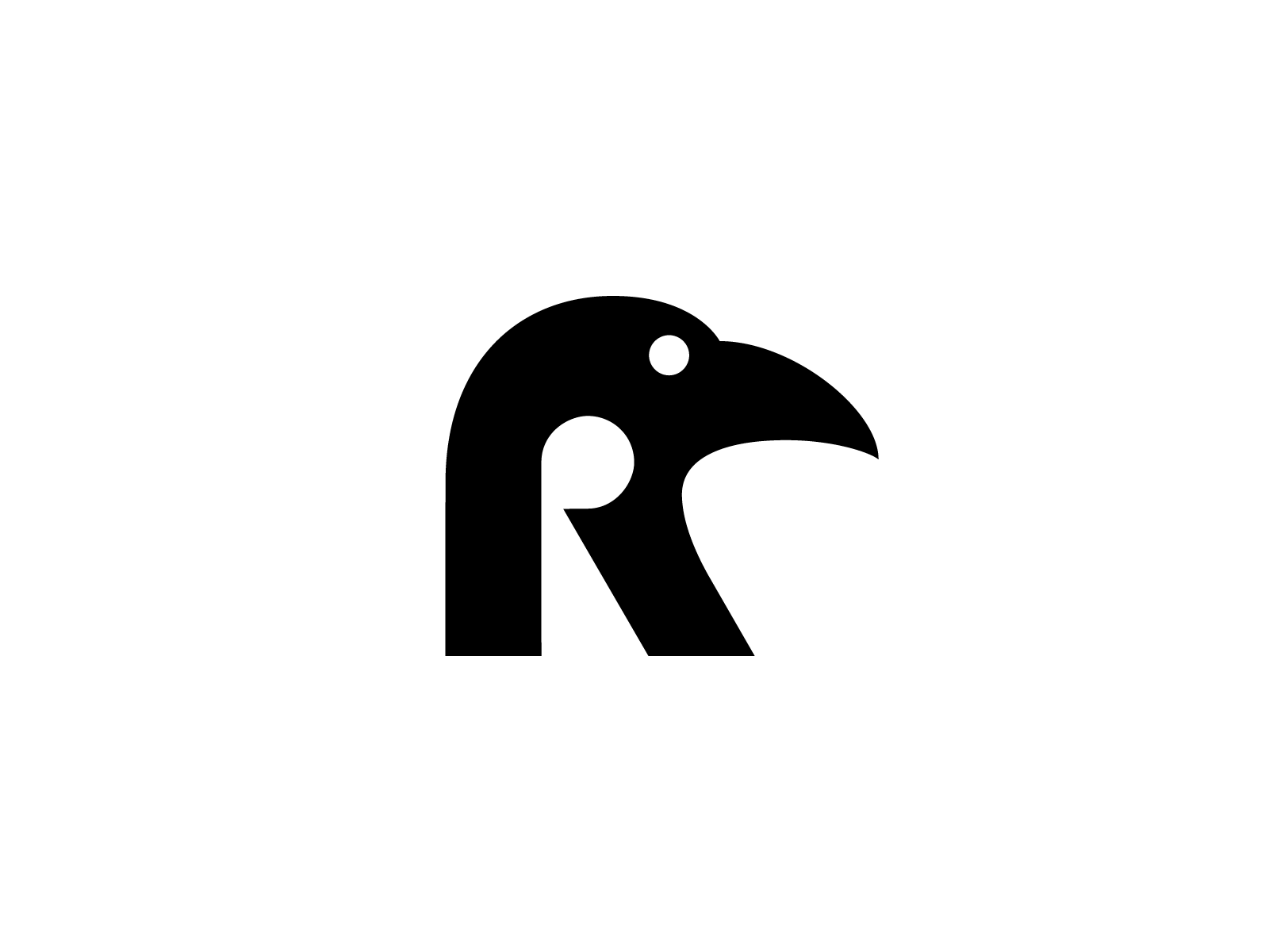 R代表乌鸦标志设计方案，黑白鸟，品牌，品牌，经典，清洁，公司，乌鸦眼，苍蝇，头部，标志性，投资，字母，标志，标记，符号，图标，mihai dolganiuc设计，秃头，负空间，固体，永恒