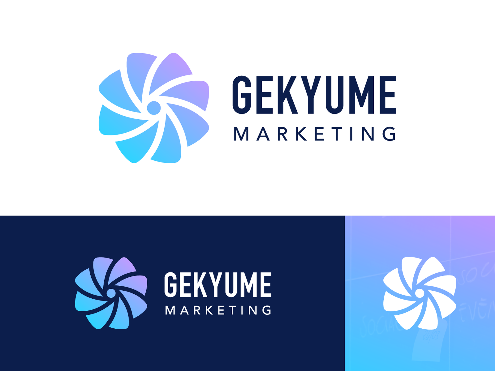 Gekyume 营销认可标志设计品牌标识品牌图形商业初创机构公司干净创意线条形状客户客户销售线索网格图案漩涡旋转标志标记符号图标营销网络社交媒体扭曲龙卷风花中心