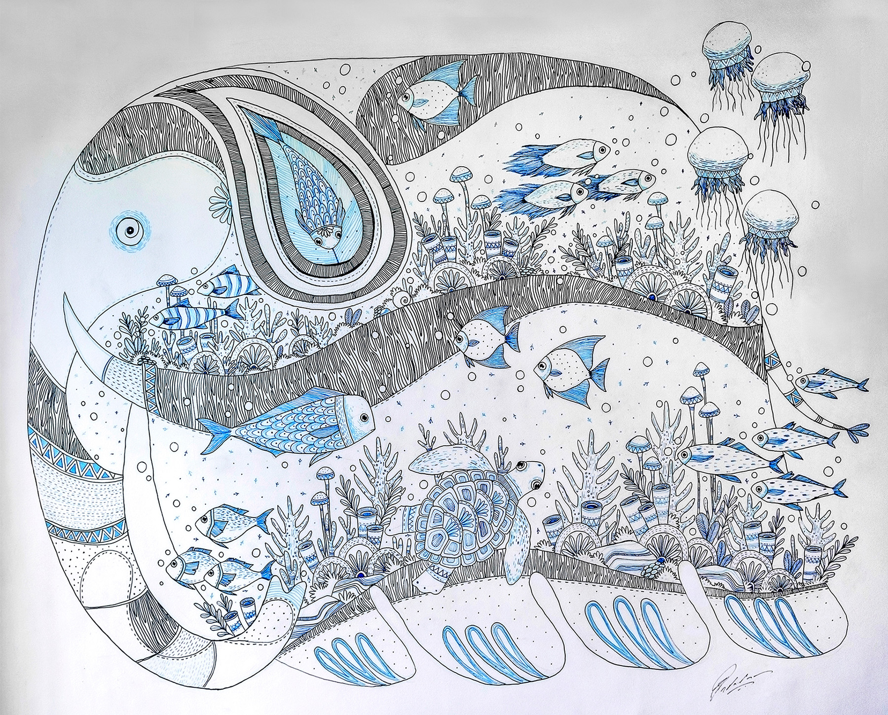 wallmural doodle elephant Indigo blue aqua marine fish pattern Turtle.jpg