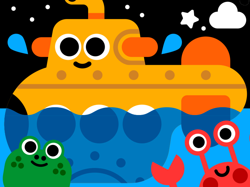 Yellow submarine and friends animals characters crab cute frog illustr.jpg