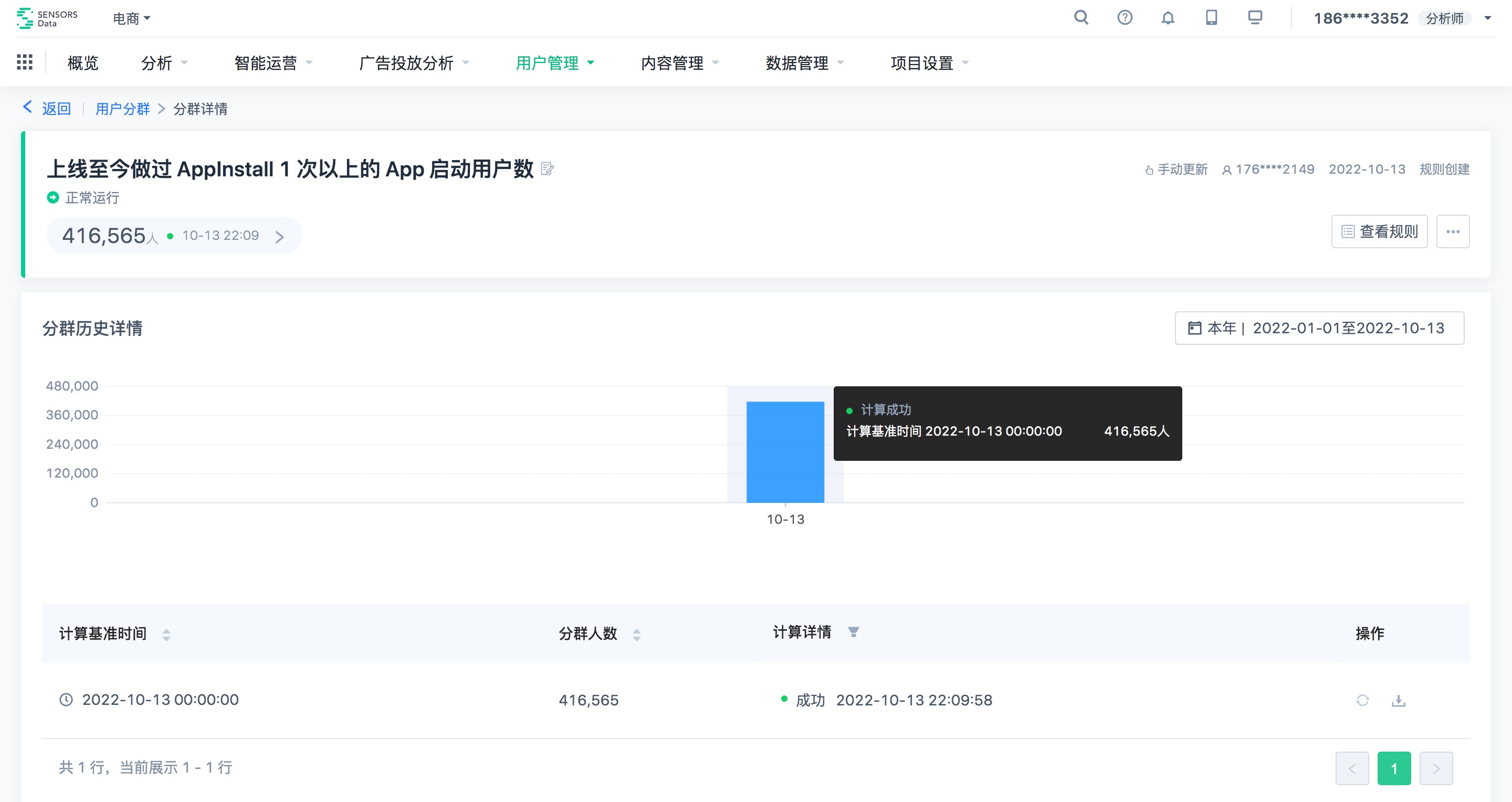 分群详情：人数指标+分群历史柱状图+计算记录表