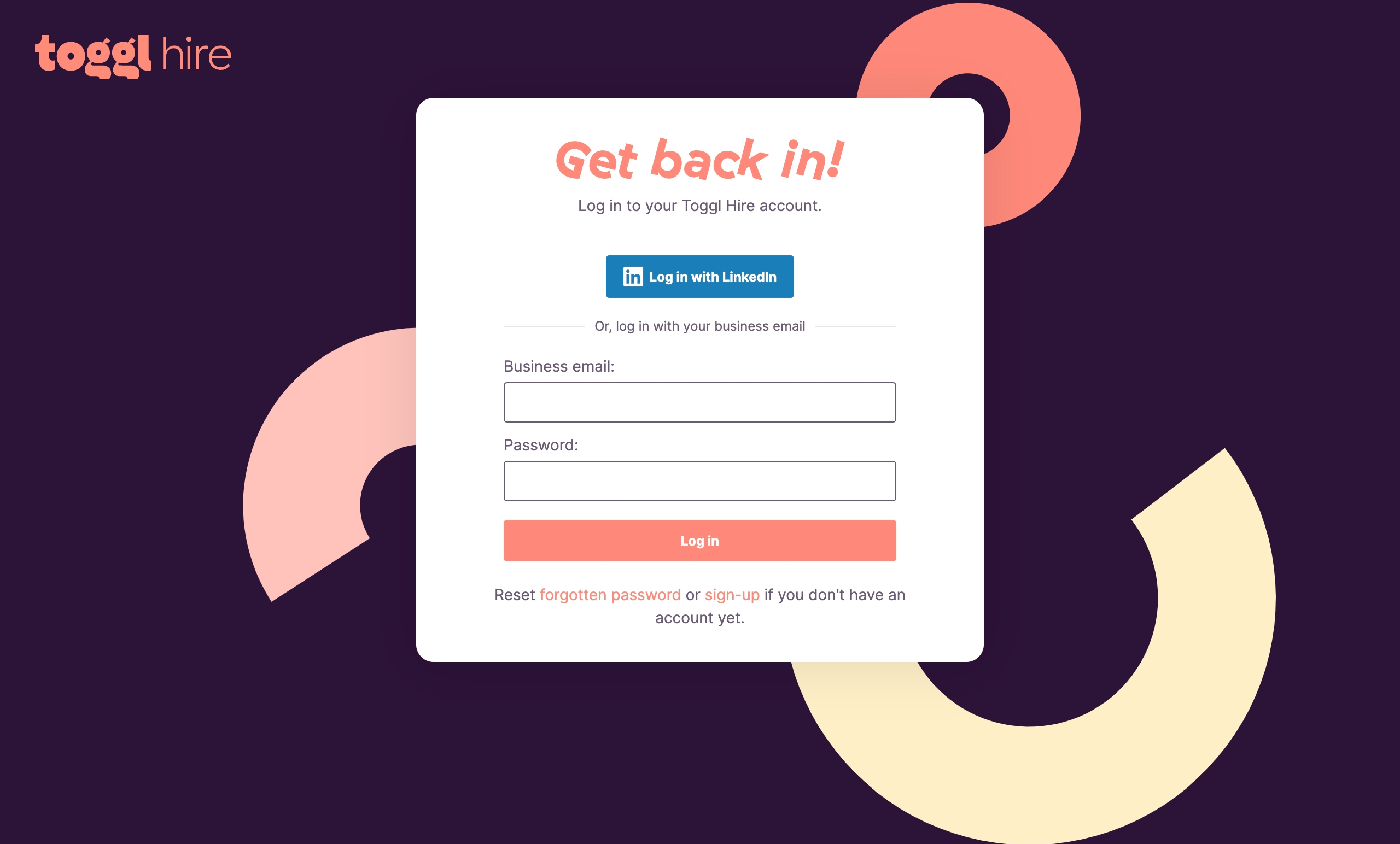 Toggl Hire 登录卡 + LinkedIn 登录