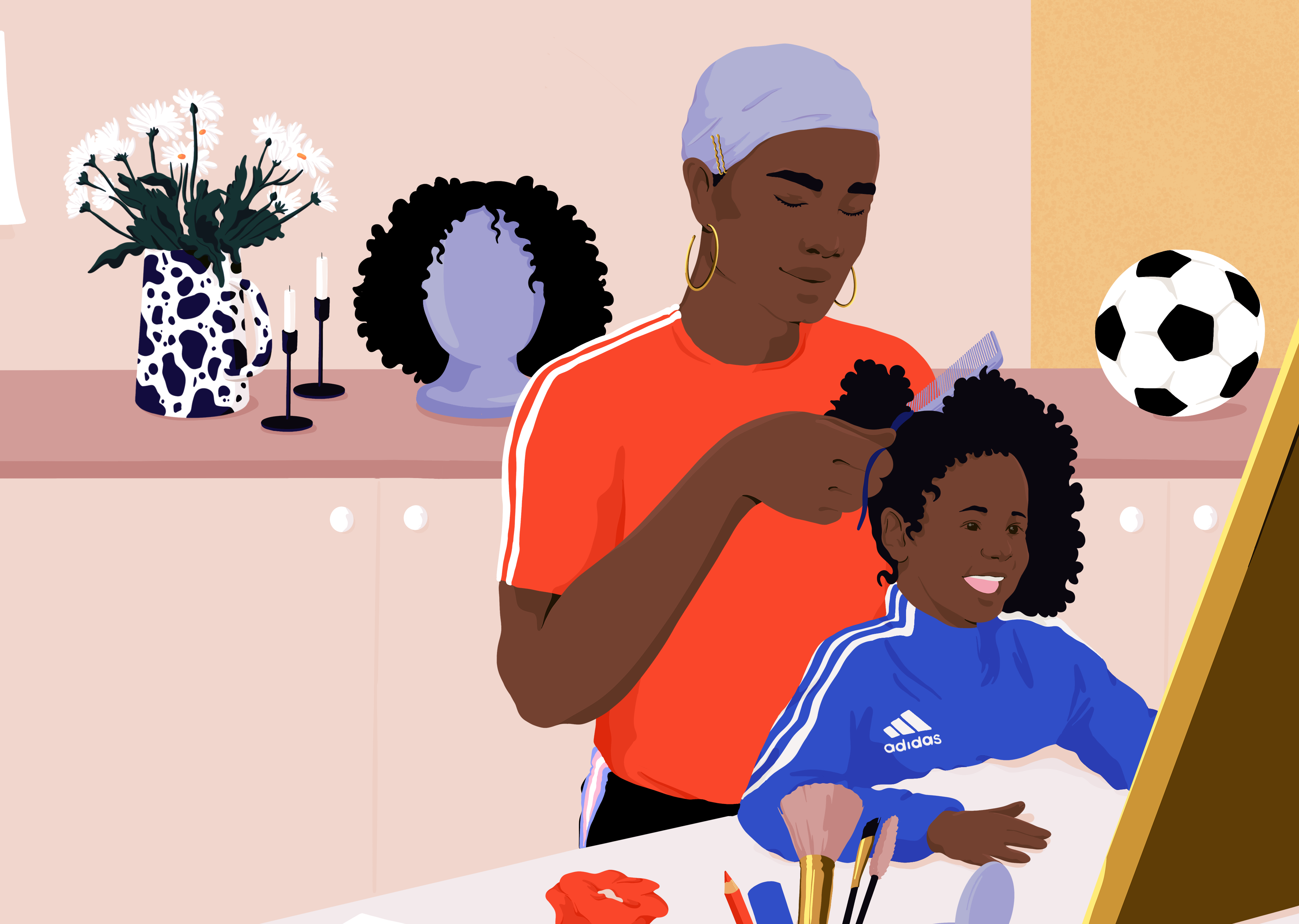 A mom is helping her daughter to make her hair..png