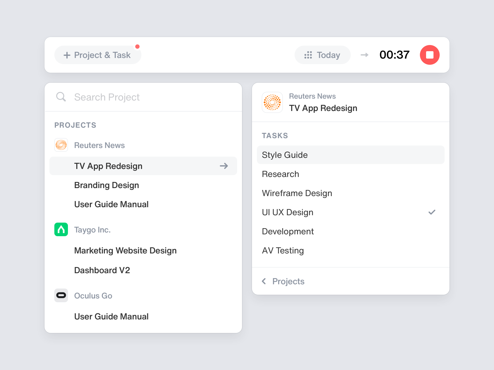 社区人工归类网页 Tack - Time Tracker clean component dropdown list options popover proj.png