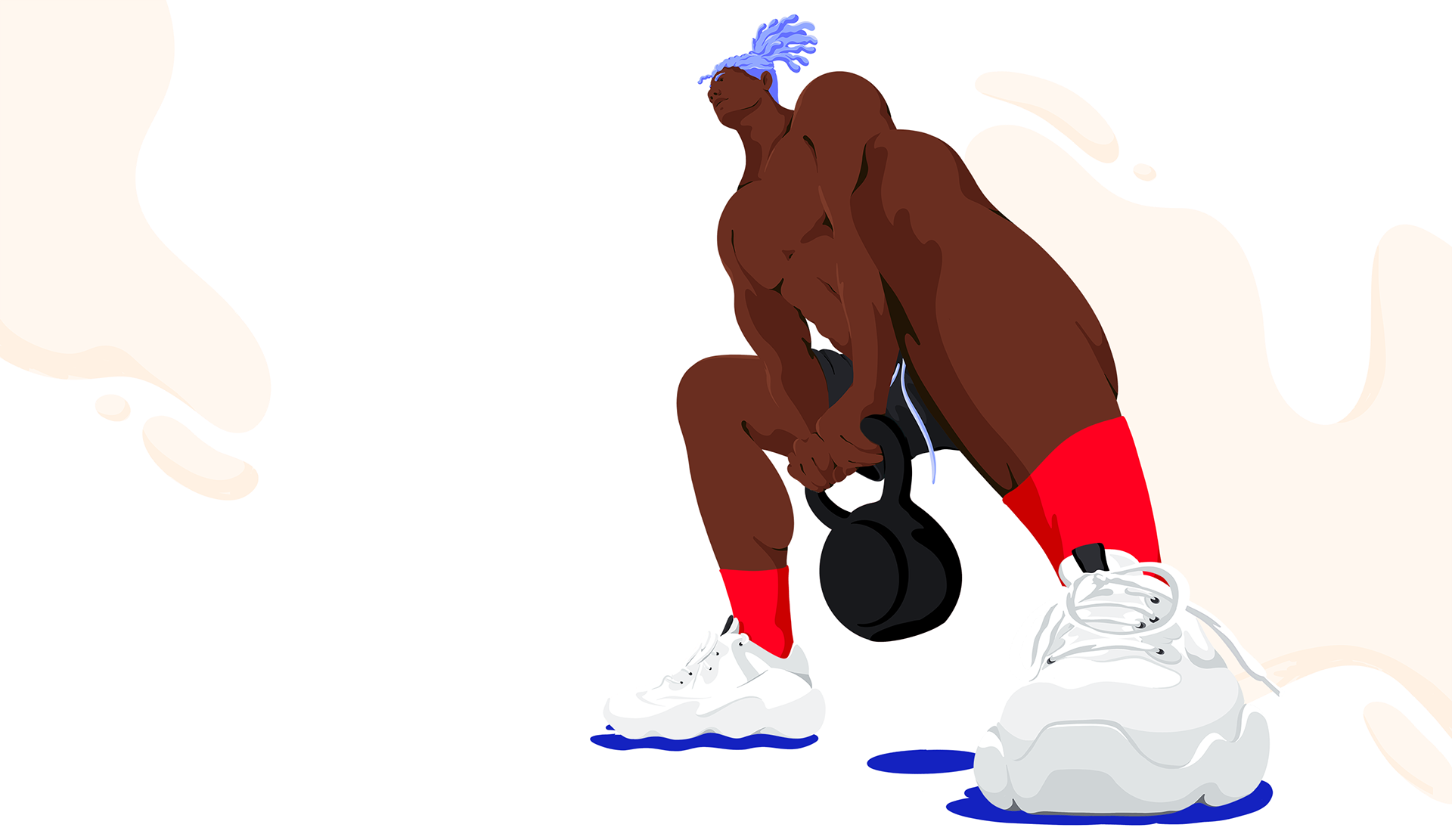 A sportive man doing a squat. Holds a kettle ball in his hands..png