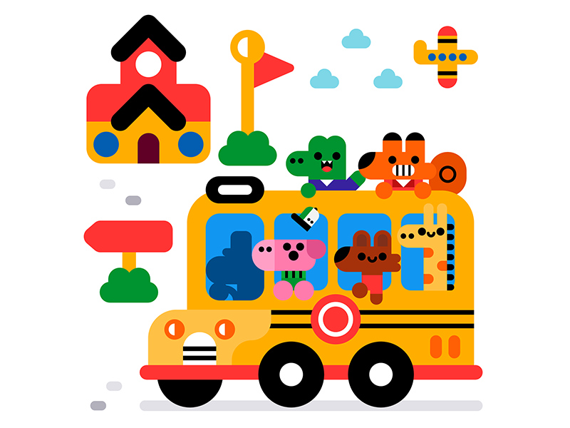 Wheels on the bus animals bus characters cute illustration kids school.png